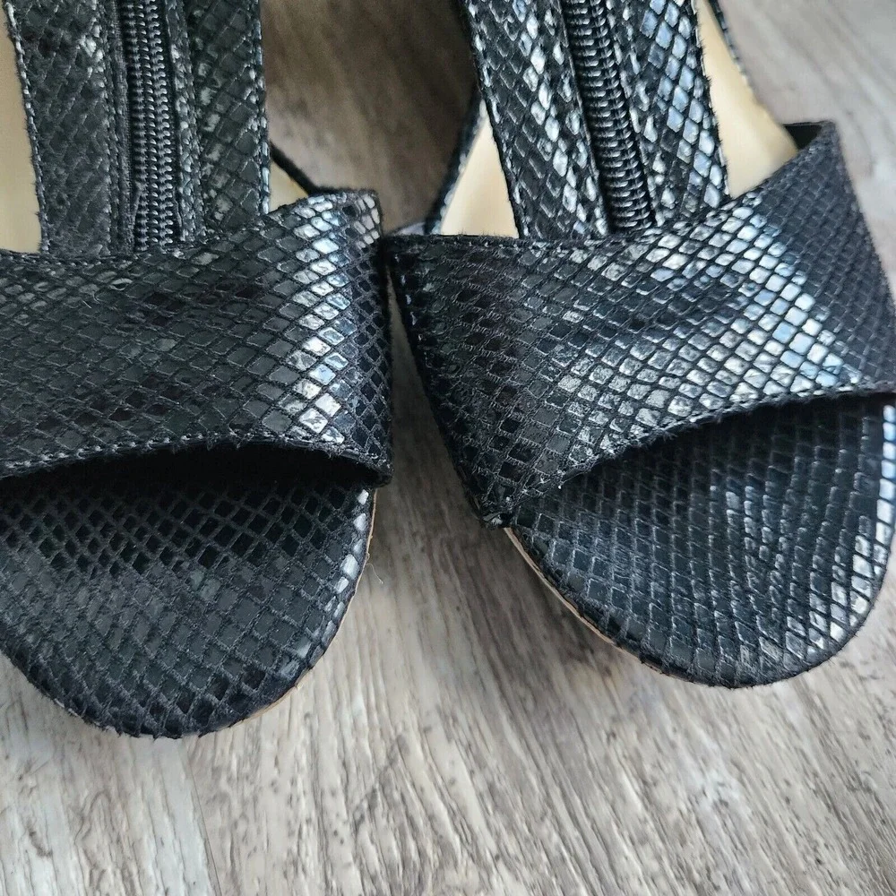 Liz Claiborne Sport Black Snakeskin Wedge Sandals Cork Heel Zip Womans Size 10